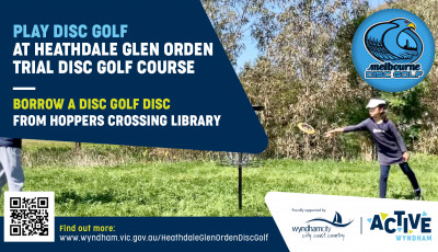 a child throws a disc golf at a metal basket on a pole, Writing says: Play Disc Golf at Heathdale Glen Orden Trial Disc Golf course, Borrow a Discc